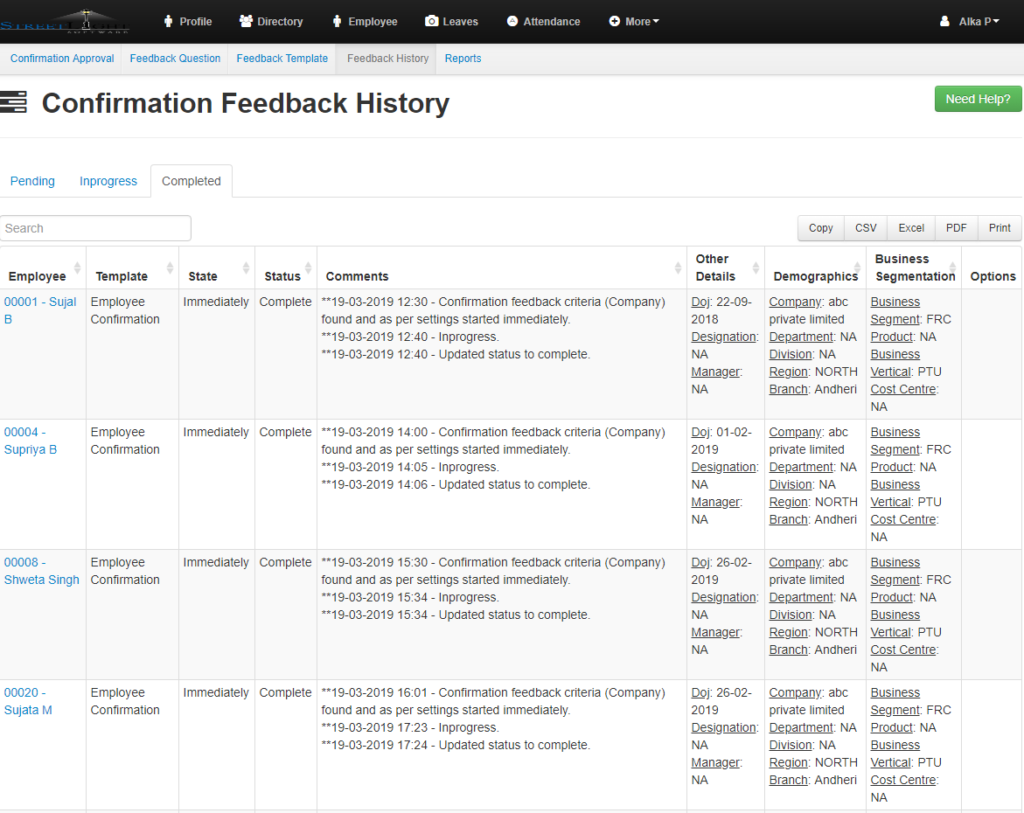 Employee Confirmation – Feedback History – EasyHR Knowledge base