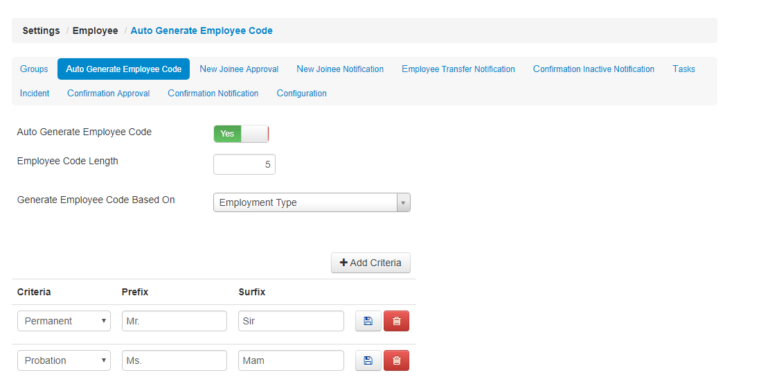 Settings /Employee /Auto Generate Employee Code – EasyHR Knowledge base