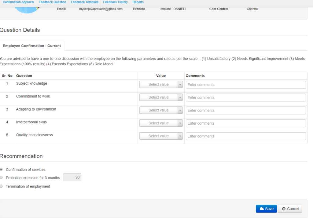 Settings /Employee /Confirmation Approval- Feedback – EasyHR Knowledge base
