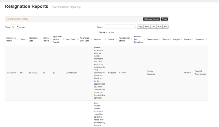 Resign Log Resignation – Reports – EasyHR Knowledge base